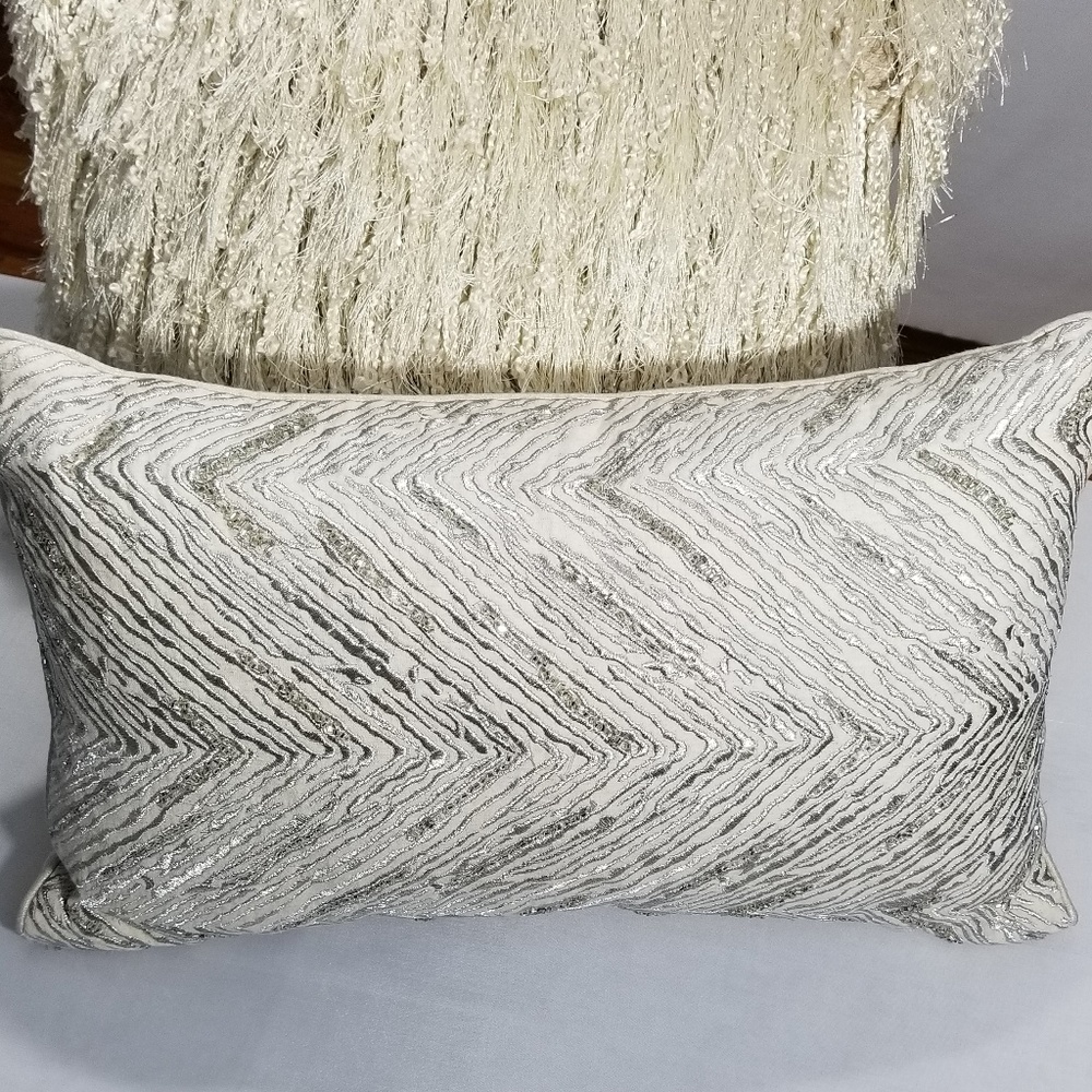 Pier 1 Cream w/Silver Beading & Thread Pillow EUC - Picture 4 of 8